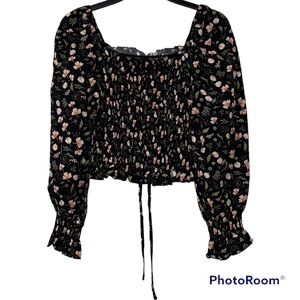 POIUMN large ruched top juniors black floral print ruched sleeves new with tags